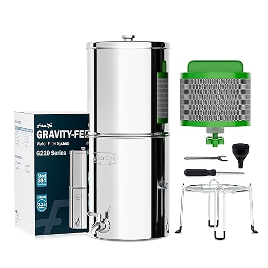 Frizzlife Reduces 99.9% Lead Gravity-fed Water Filter System, NSF/ANSI 42&372 Standards, 2.25G Countertop Water Filter Reduces Chlorine, Heavy Metals, with Activated Carbon Filter and Stand, G210-PRO