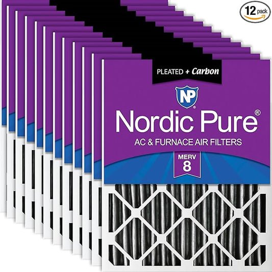 Nordic Pure 14x25x2 (13 1/2 x 24 1/2 x 1 3/4) Furnace Air Filters MERV 8 Pleated Plus Carbon 12 Pack