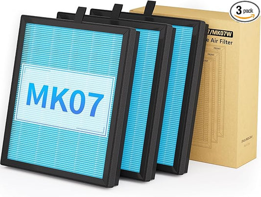 MK07 Air Purifier Filter Replacement, 4-in-1 Air Filter for Dust Pollen, Lint, Pet Dander & Smoke - 3 Pack, Blue