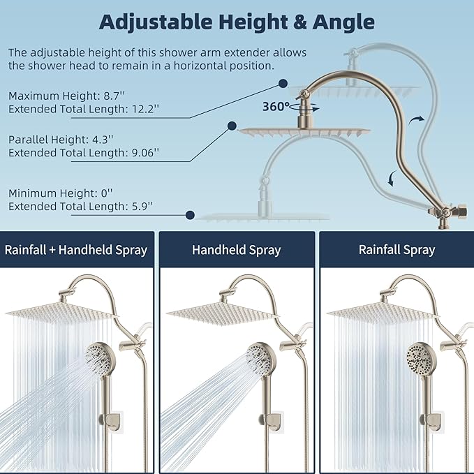 Hibbent 12'' All Metal Shower Head, High Pressure Rainfall Shower Head/Handheld Showerhead Combo/ 12'' Adjustable Curved Shower Extension Arm, 10-Spray, 71'' Adhesive Showerhead Holder, Brushed Nickel