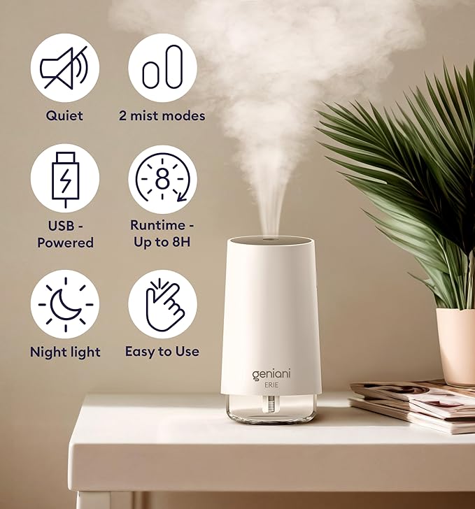 GENIANI Portable Cool Mist Humidifiers for Bedroom & Office - Ultrasonic Humidifier for Home, Baby, Small Room with Auto Shut Off, 250ML Easy to Clean Water Tank