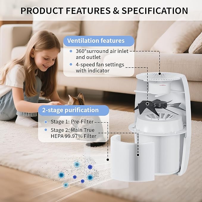 ARM & HAMMER AH301W-1 Air Purifier with Night Light, HEPA Filter Captures 99.97% of Smoke, Pollen, Pet Dander & Odors, Quiet for Bedroom, Office, Home, Pearl White