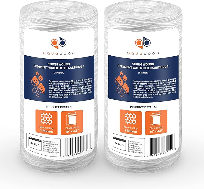 Aquaboon 1 Micron String Wound Water Filter 10x4.5 Replacement - Whole House Water Filter Cartridge Compatible with WP5BB97P,WP10BB97P, AP810, 2-Pack