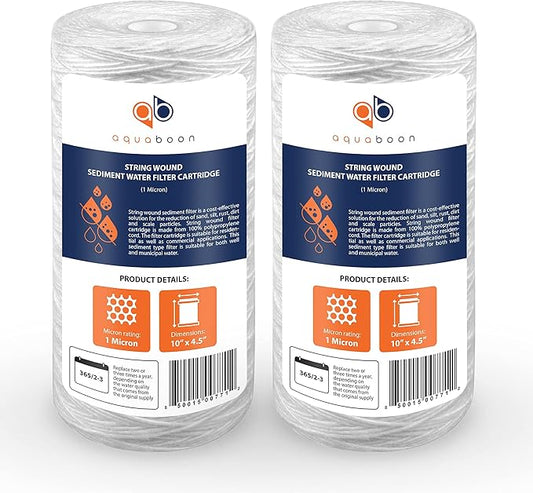 Aquaboon 1 Micron String Wound Water Filter 10x4.5 Replacement - Whole House Water Filter Cartridge Compatible with WP5BB97P,WP10BB97P, AP810, 2-Pack