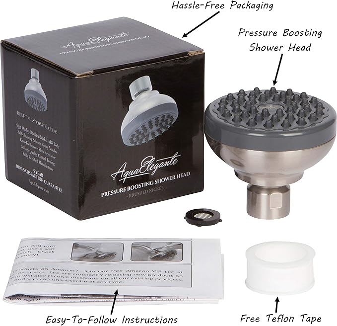 Pressure Boosting Shower Head - High Pressure Water Saver Showerhead Best For Low Flow Showers, 2.5 GPM - Brushed Nickel
