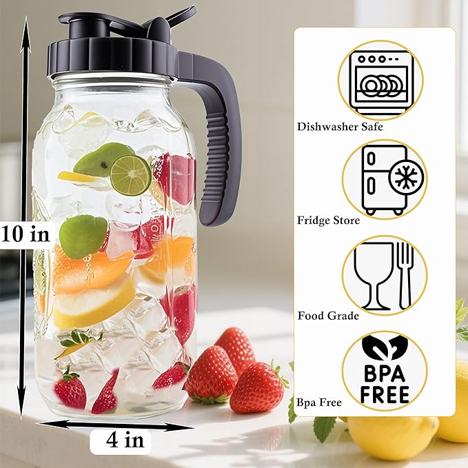 Glass Mason Jar Pitcher With Lid 2 Quart Sun Tea Glass Pitcher 64 Oz Wide Mouth Half Gallon Hot Cold Water Coffee Jug Carafe For Fridge Lemonade, Beverage,Milk,Juice, Cold Brew Tea Container