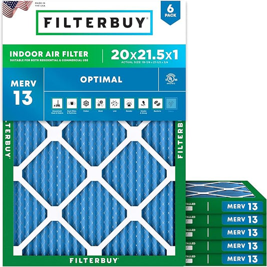 Filterbuy 20x21.5x1 Air Filter MERV 13 (MPR 1900) Health Defense Replacement (6-Pack), Electrostatic Pleated HVAC AC Furnace Filters, Made in USA (Actual Size: 19.88 x 21.50 x 0.75)