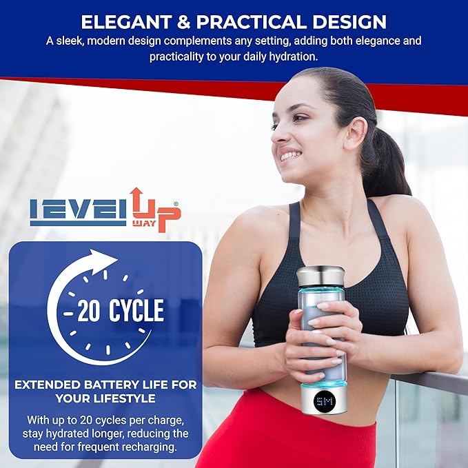 LevelUpWay - Hydrogen Generator Water Bottle SPE PEM Technology Water Ionizer (Classic, Silver - LED)