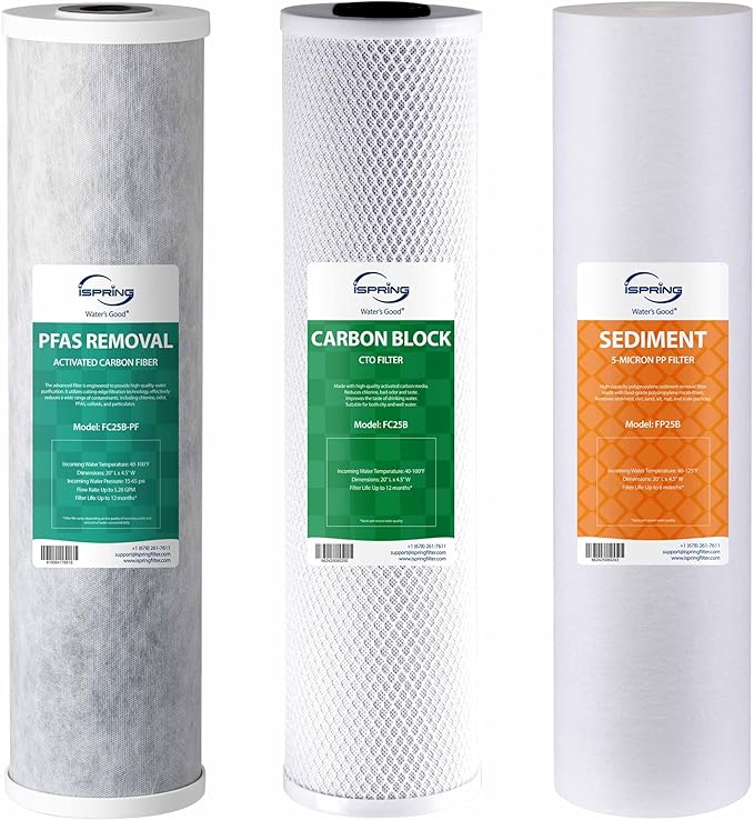 iSpring F3WGB32BPF 3-Stage Replacement Filter Pack for WGB32B-PF Whole House Water Filter System, Removes up to 99% PFAS, PFOA/PFOS, Chlorine, Sediment, Taste, and Odor