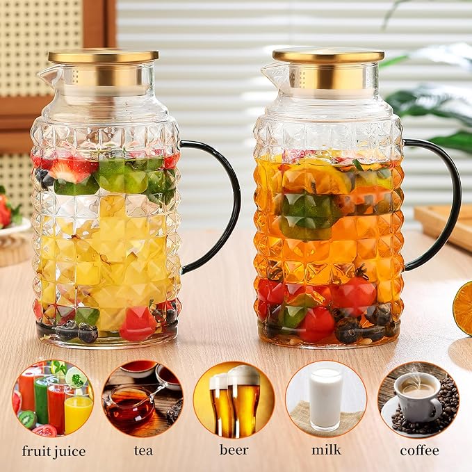2 Liter (68oz) Glass Pitcher with Lid and Spout, Heavy Duty Water Jug with Handle Borosilicate Heat Resistant Carafe for Hot/Cold Drinks -for Iced Tea, Coffee, Lemonade, Infused Water