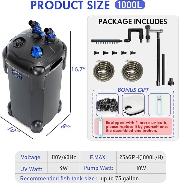 AMOSIJOY 265GPH Ultra-Quiet Canister Filter, 3-Stage External Aquarium Filter with Free Media for Large Fish Tanks and Aquariums