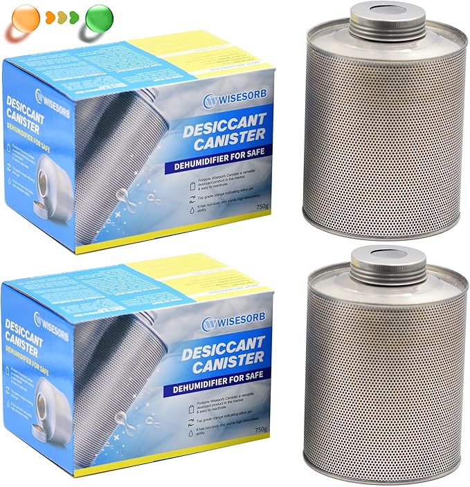 750 Grams Gun Safe Dehumidifier, 2 Pack Reusable Canister Desiccant Dehumidifier, Rechargeable 1.65 Lbs Indicating Silica Gel Orange to Green