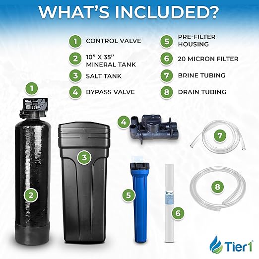 Tier1 Whole House Water Softener System Compact 32,000 Grain High Efficiency with Sediment Pre-Filter | Pre-Filled Mineral Tank with 1 Cubic Foot of Cation Resin | Home Water Filtration System