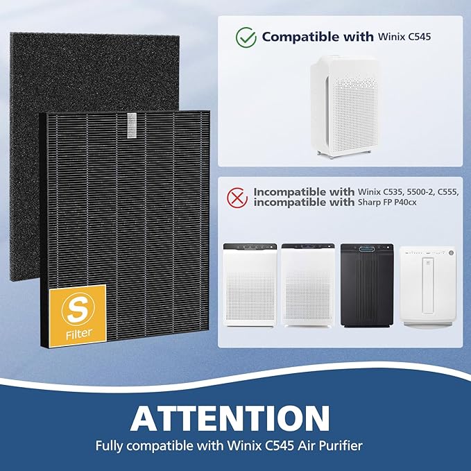 2 Pack C545 HEPA Smoke Replacement Filter S Compatible with Winix C545 Air Purifier, Replaces Part 1712-0096-00 and 2522-0058-00, 2 HEPA Filter + 8 Activated Carbon Filters, Black