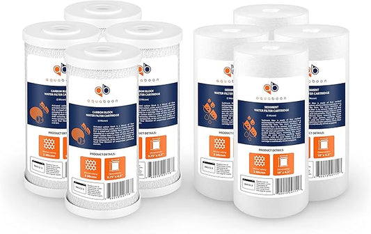 Aquaboon 5 Micron 10 x 4.5 Whole House Water Filters Cartridges Replacement Set of Carbon & Sediment Filters Compatible with FXHTC, DGD-5005, 8 Pack