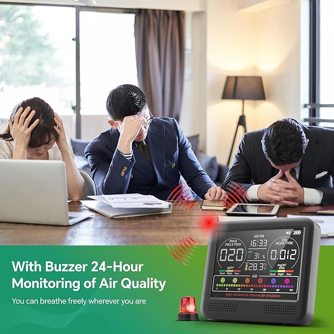 16-in-1 Air Quality Monitor Indoor with 7AQI Beep Alarm, CO2 Monitor, Air Quality Detector with PM1.0 | PM2.5 | PM10 | Temp | HUM | Formaldehyde | VOC Tester for Home Office Plant (Black)