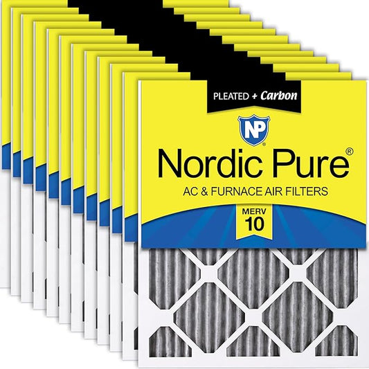 Nordic Pure 12x12x1 (11 3/4 x 11 3/4 x 3/4) Furnace Air Filters MERV 10 Pleated Plus Carbon 12 Pack