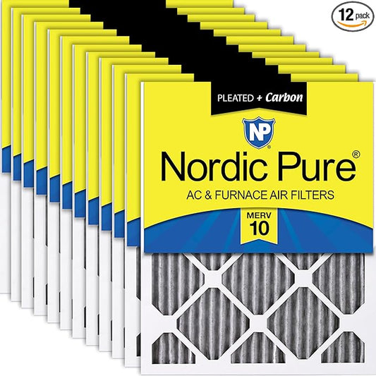 Nordic Pure 16x20x1 (15 1/2 x 19 1/2 x 3/4) Furnace Air Filters MERV 10 Pleated Plus Carbon 12 Pack