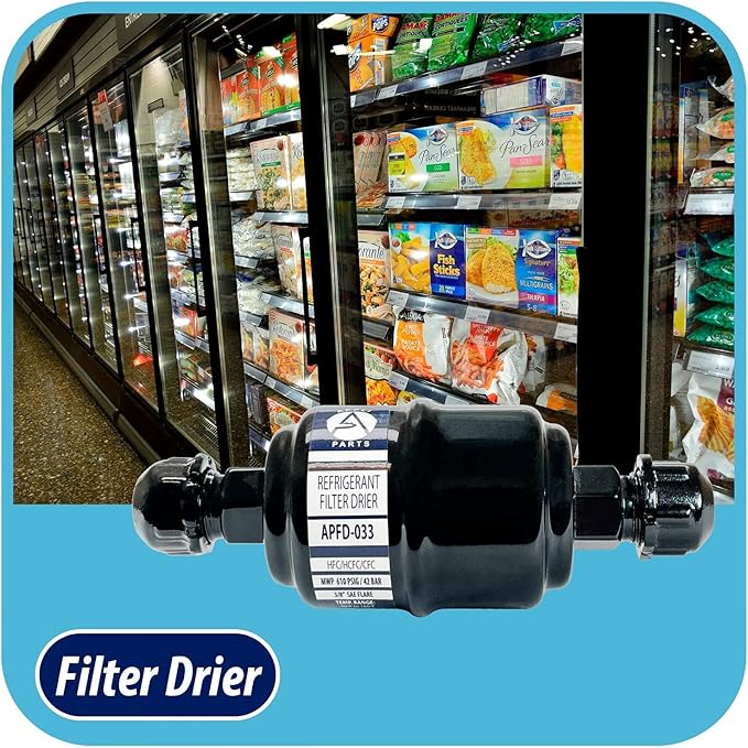 Appli Parts APFD-033 3/8 in Liquid Line Refrigerant AC Filter Drier hvac Refrigeration 033 SAE Flare connection universal unidirectional 4-1/2 in long 1-3/4 in wide
