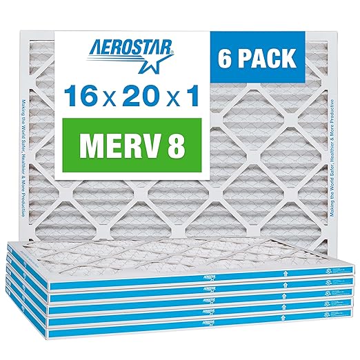 Aerostar 16x20x1 MERV 8 - 6 Count - High Efficiency Pleated HVAC, Furnace & Air Conditioner Filters - Removes Dust, Lint, Mold & Allergy-Causing Pollen
