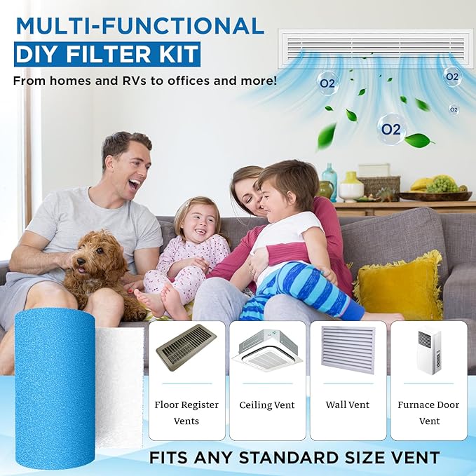 Air Vent Filters Roll, 90" x 12" Cut to Fit (35+ Filters), MERV 8 Triple Vent Filter Kit for HVAC Furnace Vents, Home Floor, Ceiling, Grilles