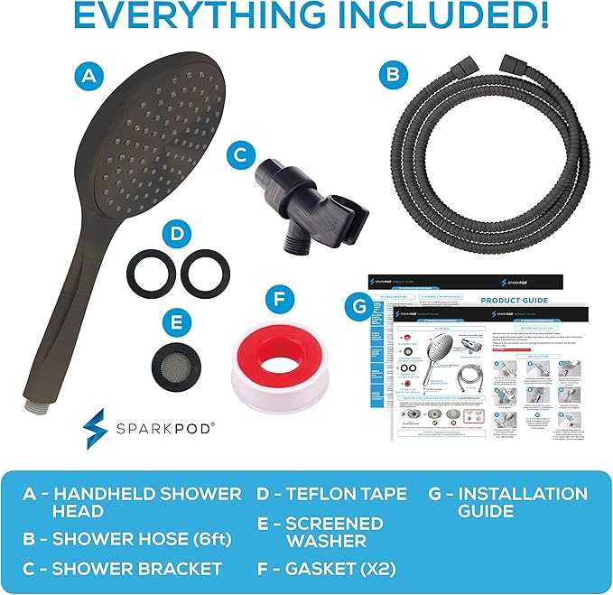 SparkPod Oil Rubbed Bronze 6-Inch High Pressure Handheld Shower Head with 6ft Hose and Adjustable Bracket - Luxury Showerheads - 1-Min Installation