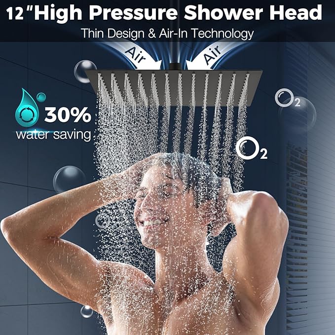 PDPBath All Metal 12" Rainfall Shower Head with 16" Upgrade Flexible Extension Arm, Shower Head with Handheld Combo,70" Extra Long Shower Hose, 3-Way Diverter,Matte Black