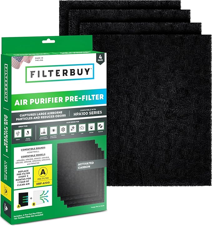 Filterbuy Activated Carbon Pre-Cut Filter HRF-A100 Replacement for Honeywell Air Purifier (4-Pack, Made in USA)
