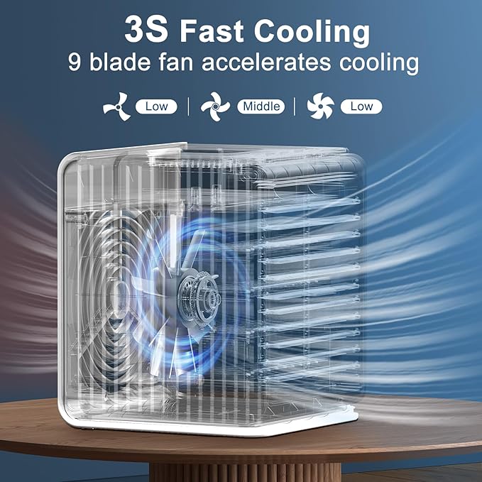 Portable Mini Air Conditioner,BIESQYA 3-in-1 Personal Small Ac Unit Cooler, 3 Speed USB Powered Desk Fan Swamp Evaporative Windowless Humidifier for Room Office Camping Car Black