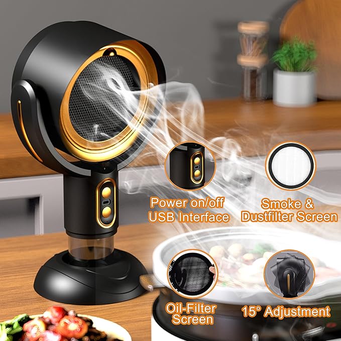 PuffHide Smokeing Fan for Smoking Indoors, Black Gold Electric Smokeaway Purifier Fan Portable Table Smoke Air PuriferFan Adjustable Angle Kitchen Mini Filter Smoke ExhaustFan(Rechargeble)