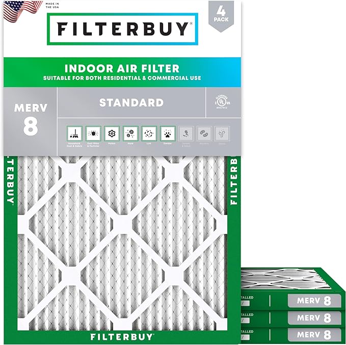Filterbuy 16x21x1 Air Filter MERV 8 (MPR 700) Dust Defense Replacement (4-Pack), Electrostatic Pleated HVAC AC Furnace Filters, Made in USA (Actual Size: 15.50 x 20.50 x 0.75)
