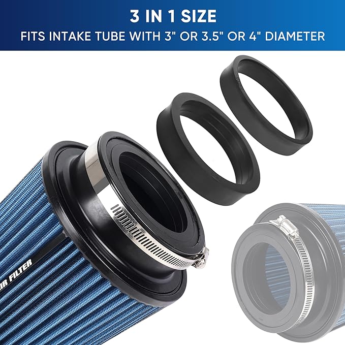 4 Inches Cold Air Intake Filter 3" or 3.5" or 4" High Performance Washable Clamp-On Replacement Cone Air Filter 3 in 1 Size Blue