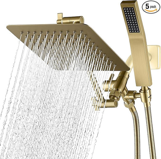 G-Promise All Metal 8-Inch Dual Square Shower Head Combo, Rain Shower Head, Handheld Shower Wand with 71-Inch Extra Long Hose, 3-Way Diverter, Adjustable Extension Arm, Brushed Gold