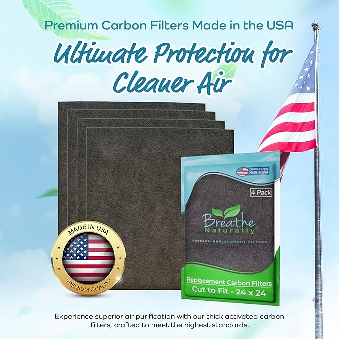 Breathe Naturally Universal Cut To Fit Carbon Activated Air Filter - Replacement Charcoal Filters - Pre Filter Carbon Sheet for Air Purifier, Vent Filters & More - Made in USA (Pack of 4, 24x24)