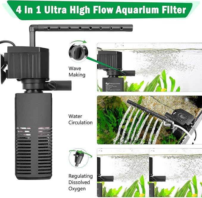 AQQA Aquarium Filter, 3-Stage Filtration, Adjustable Wave Maker & Oxygenator, Quiet 12W 115GPH Submersible Pump, Easy Clean Sponge Filter, for 30 Gallon Freshwater Saltwater Fish Tank 110V/60Hz
