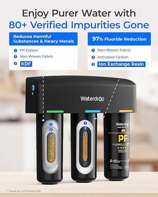 Waterdrop TSB-PF Under Sink Water Filter, 𝐑𝐞𝐝𝐮𝐜𝐞𝐬 𝟖𝟎+ 𝐈𝐦𝐩𝐮𝐫𝐢𝐭𝐢𝐞𝐬-Chlorine, Chloramine, Fluoride, PFAS, Taste&Odor, 9 Layer Under Sink Water Filtration System,with A Separate Faucet