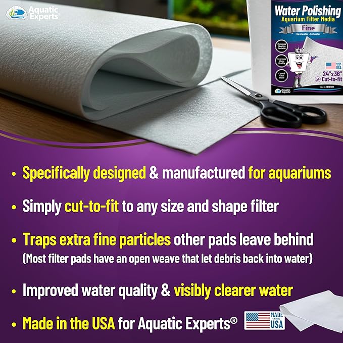 Aquatic Experts Aquarium Polishing Filter Pad, Water Polishing Pad for Aquarium Filters, Filter Floss for Fish Tank Filters, (50 Micron, 24" x 36" - 4 Pack)