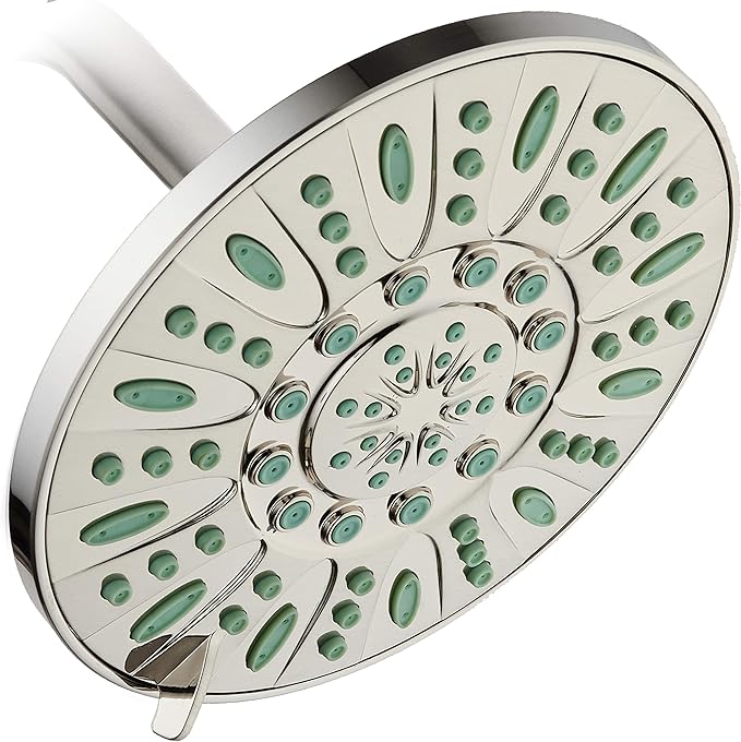 AquaDance 7-inch 6-Setting Rainfall Showerhead with Anti-Microbial Microban Protection from Mold, Mildew, and Bacteria - Clog-Free, Brushed Nickel Finish/Coral Green Jets