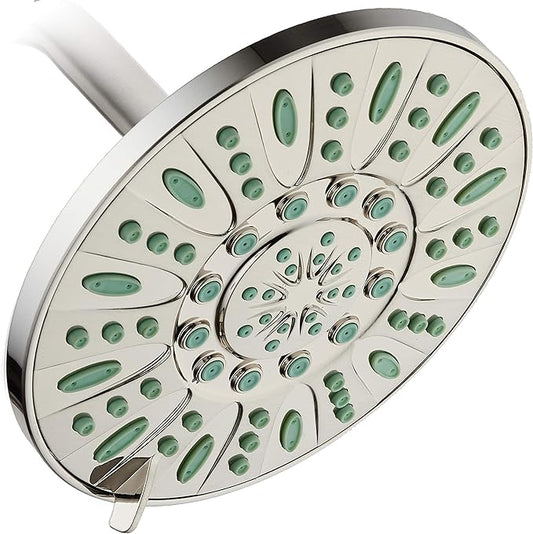 AquaDance 7-inch 6-Setting Rainfall Showerhead with Anti-Microbial Microban Protection from Mold, Mildew, and Bacteria - Clog-Free, Brushed Nickel Finish/Coral Green Jets