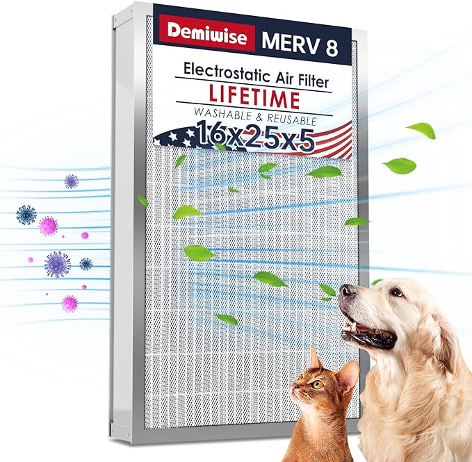 16x25x5 Reusable Electrostatic Air Filter, MERV 8 Lifetime Aluminum AC/HVAC Furnace Filter, Honeywell FC100A1029, Lennox X6670, Carrier, Bryant Increases Airflow（Actual Size:15.75"x 24.5"x4.75")