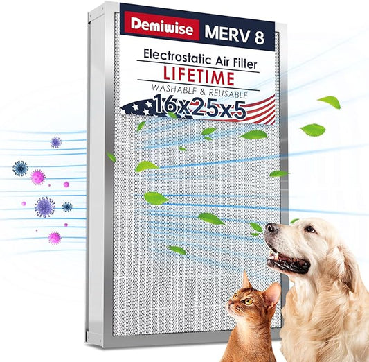 16x25x5 Reusable Electrostatic Air Filter, MERV 8 Lifetime Aluminum AC/HVAC Furnace Filter, Honeywell FC100A1029, Lennox X6670, Carrier, Bryant Increases Airflow（Actual Size:15.75"x 24.5"x4.75")