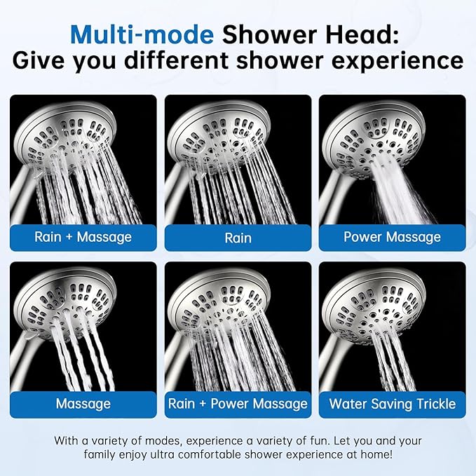 G-Promise High Pressure Shower Head 6 Spray Setting with Adjustable Solid Brass Shower Arm Mount and Extra Long Flexible Stainless Steel Hose (Brushed Nickel)