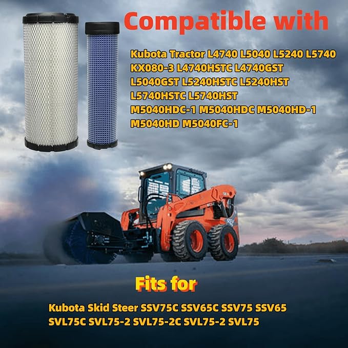 59800-26110 3A111-19130 Air Filter Kit Compatible with Kubota Skid Steer SSV75C SSV65C SSV75 SSV65 SVL75C SVL75-2 Excavator KX080-4 KX080-3 Tractor L4740 L5040 L5240 L5740