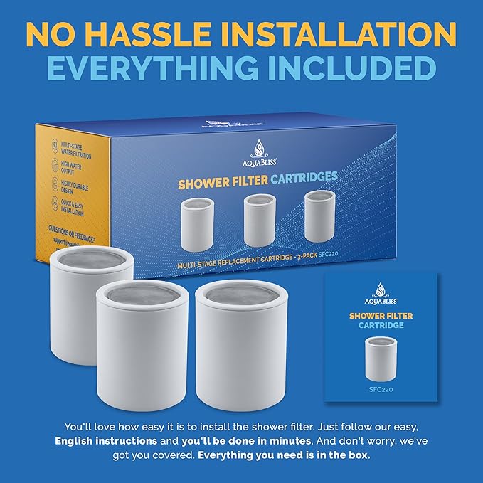 AquaBliss Replacement Multi-Stage Shower Filter Cartridge - Longest Lasting High Output Universal Shower Filter Reduces Chlorine & Toxins in SF220 or SF100. 3-Pack (SFC220)