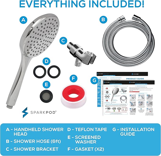 SparkPod High Pressure Handheld Shower Head with Hose- Huge 6-Inch Face- Rain Shower with Extra Long 6 ft. Hose and Premium Adjustable Bracket- Luxury Design -Tool-less 1-Min Installation (Chrome)