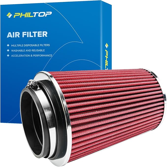 PHILTOP Universal Clamp-On Air Intake Filter, High Performance, Premium, Washable, Replacement Air Filter: High Flow 4 inch 102 mm Inlet Truck Cold Air Intake Air Filter (8" Tall)