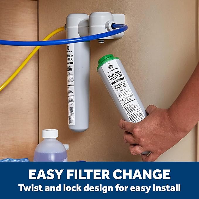 GE Dual Stage Under Sink Water Filtration System with Faucet, Reduces Lead, Chlorine & More, Easy Install, Twist & Lock Design, Replace Filters (FQK2J) Every 6 Months, GXK255TBN