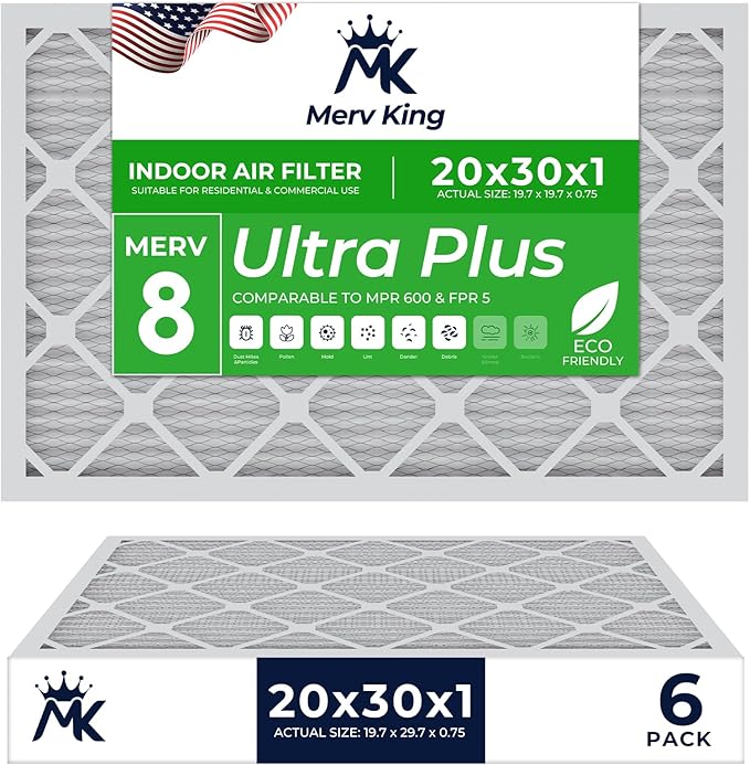 MervKing 20x30x1 Air Filter Actual Size: 19.7" x 29.7" x 0.75" MERV 8 MPR 600-700 | MADE IN USA | 6-Pack | Pleated HVAC AC Furnace Replacement