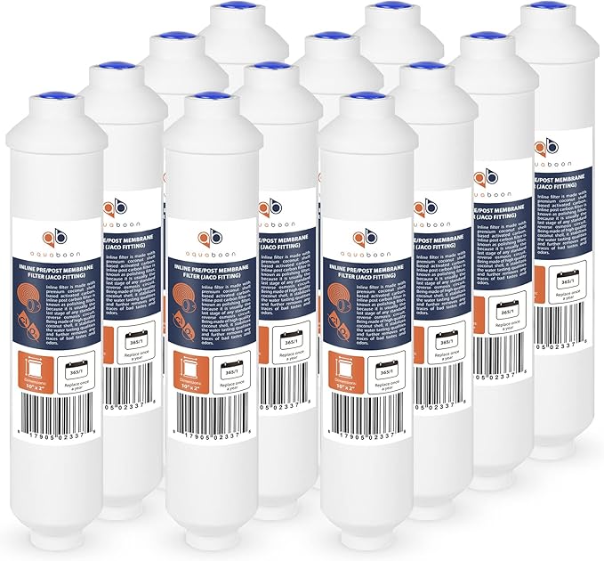 Aquaboon Inline Water Filter for Refrigerator 12-Pack of Inline Post/Carbon Polishing Water Filter Catridge for Reverse Osmosis System Standard Size (Jaco fitting)