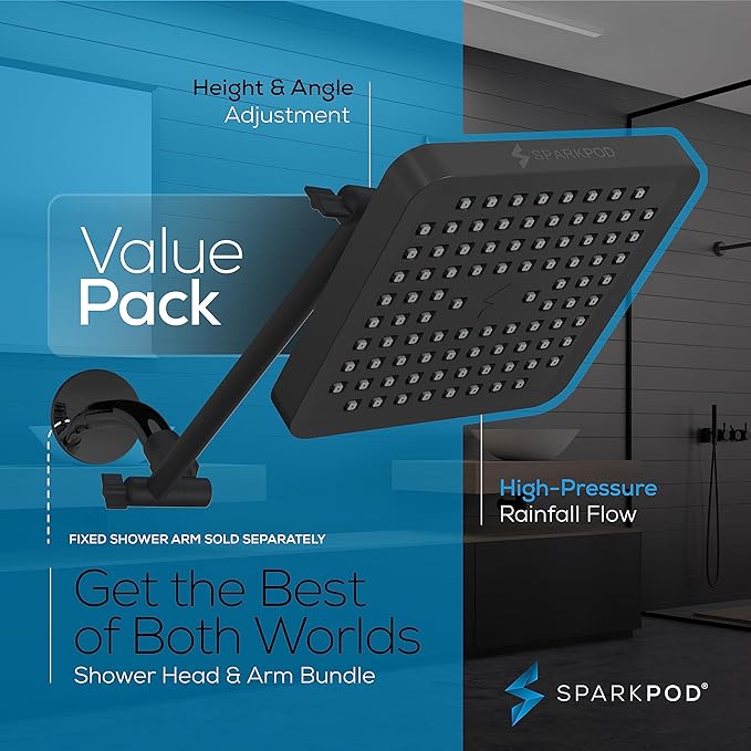 SparkPod Square Rain Shower Head with Extension Arm - Height Adjustable Shower Head with High Pressure Performance - Easy 1-Minute Installation (11" Arm Extension, Midnight Black Matte)
